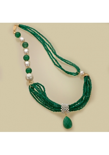 Collana agata verde smeraldo, perle di fiume