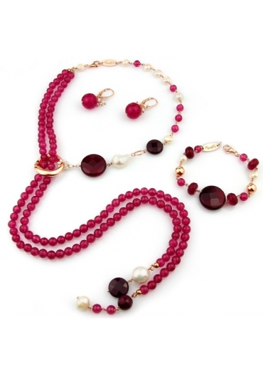 Parure agata ruby, perle coltivate, giada rosa P340