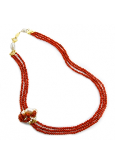 Collier corallo bamboo,elemento in corallo rosso e perle di fiume realizzato a mano CN3102