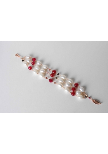 Bracciale a 3 fili perle di fiume, agata ruby, tormaline BR0722