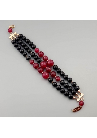 Bracciale a tre fili agata nera, agata Ruby br1552