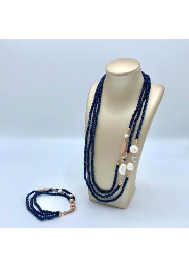 Collier agata blu zaffiro, perle coltivate, acquamarina CN3435