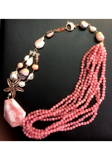 Collier opale rosa, perle acqua dolce, giada rosa CN2937