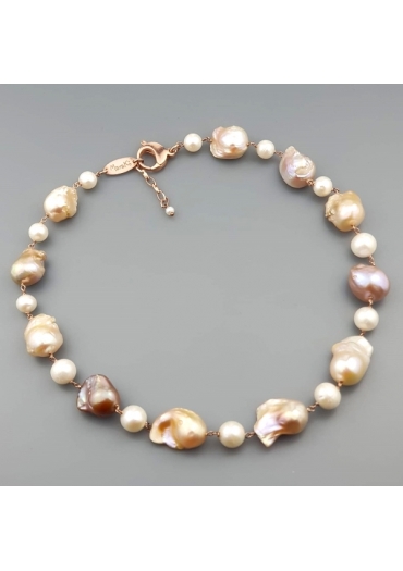 Collier perle barocche rosa, perle coltivate bianche CN3217