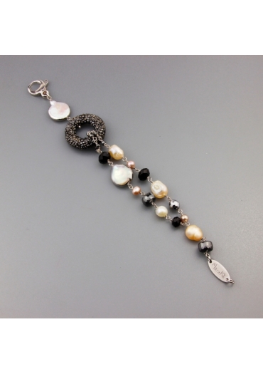 Bracciale ematite, perle coltivate, agata nera br1668