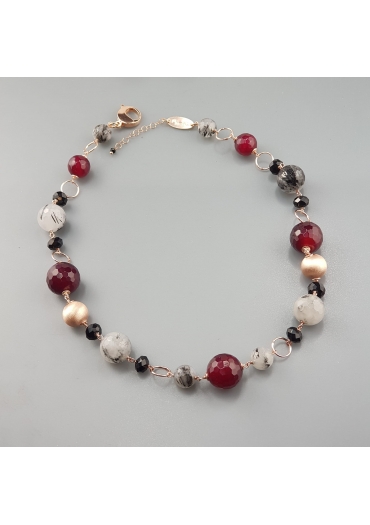 Collana, quarzo rutilato grigio, agata ruby CN1961