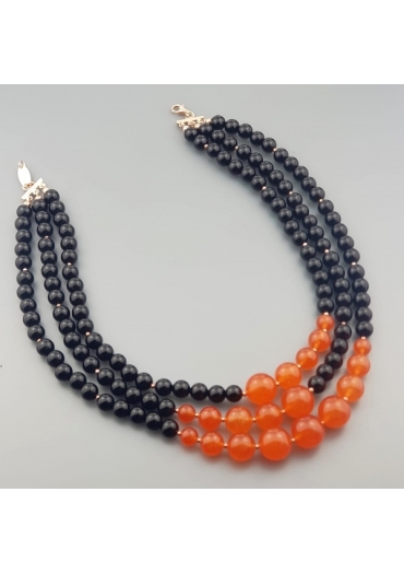 Collier a tre fili agata  nera, agata arancione CN3503