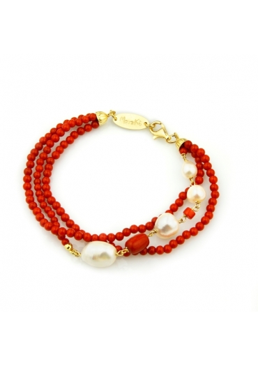 Bracciale  a tre fili corallo bamboo red, perle coltivate br1626