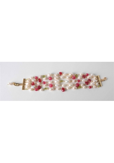 Bracciale a 5 fili,perle di fiume, giada rosa, peridot BR0916