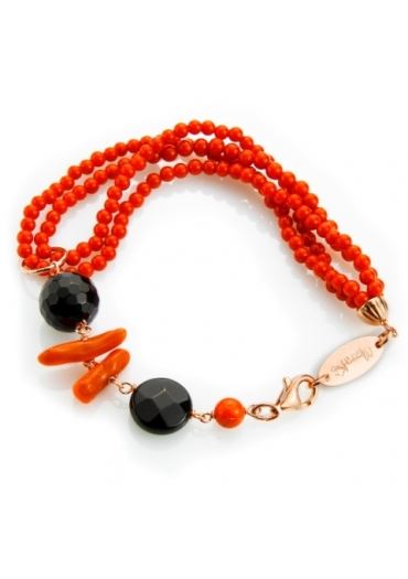 Bracciale corallo rosso, agata nera e corallo bamboo BR1631