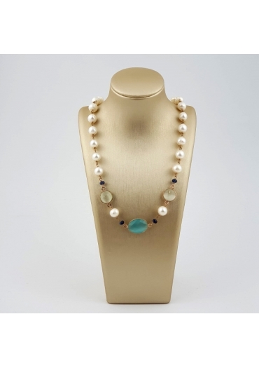 Collier perle coltivate, giada verde acqua,quarzo bianco CN3148