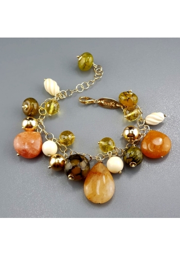 Bracciale  charms aragonite, agata striata, citrino, osso﻿ di cammello br0491