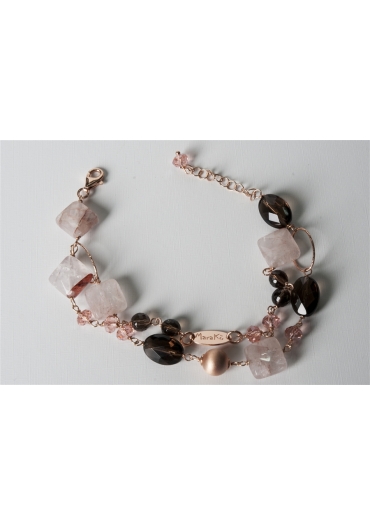 Bracciale a 2 fili, quarzo cipria, quarzo fumè, quarzo idrotermale rosa BR0745