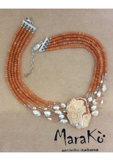 Collier multifilo agata arancione, cammeo, perle di fiume CN3176