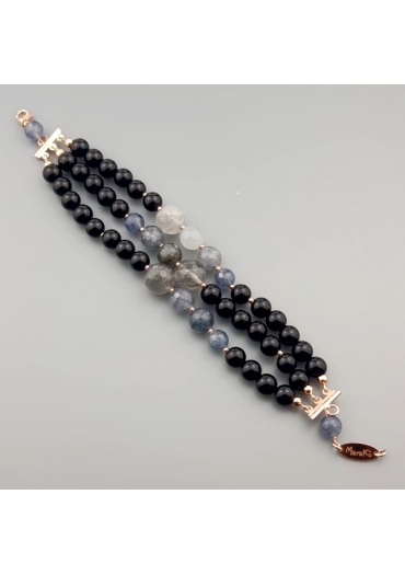 Bracciale agata nera,  quarzo rutilato grigio br1664