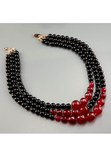 Collana a tre fili agata nera, agata ruby cn3428