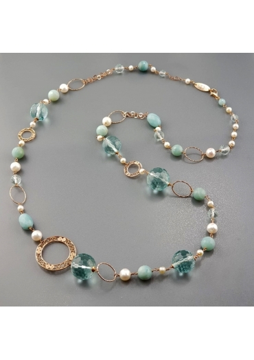 Collana, ossidiana, amazzonite, perle di fiume CN2218