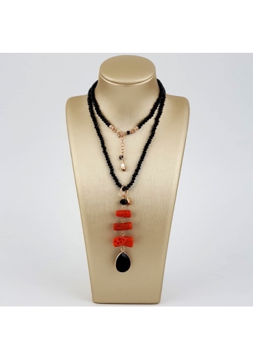 Collier con pendente corallo rosso sardo, agata nera CX213