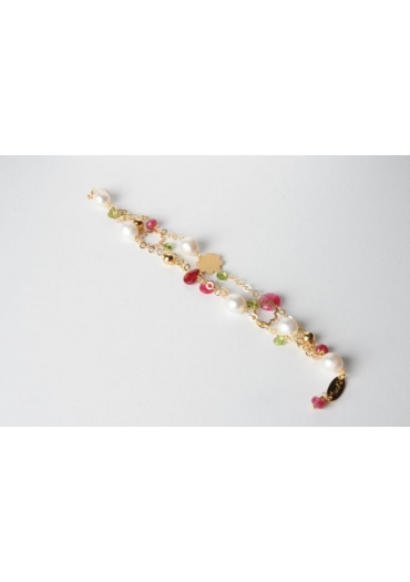 Bracciale a 3 fili, giada rosa, perle di fiume, goccine peridoth t. macchina BR0935