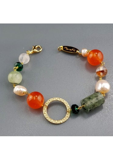 bracciale agata arancione, quarzo rutilato verde, perle coltivate, quarzo cipria br1627