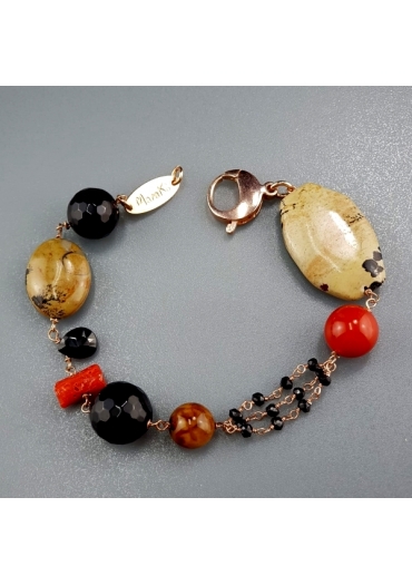 Bracciale, diaspro, spinello, bamboo e corallo sardo BR1366