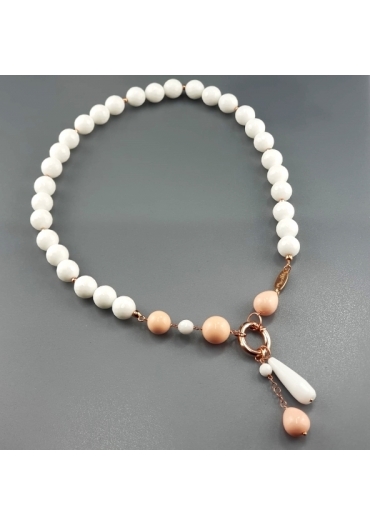 Collana agata bianca, Corallo bamboo rosa cn3354