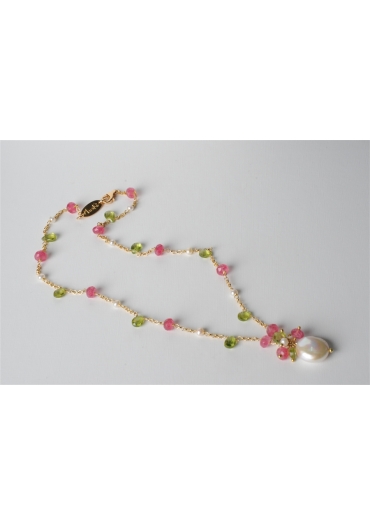 Collana, perle di fiume, giada rosa, peridoth taglio macchina CN2273