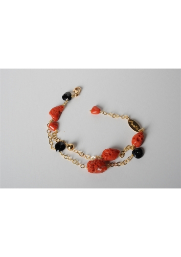 Bracciale a 2 f. corallo rosso, goccine spinello nero BR0940