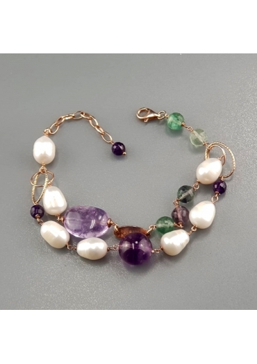 Bracciale a 2 fili, fluorite, perle di fiume BR0616