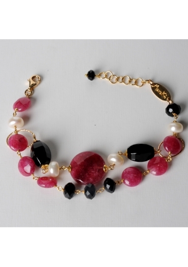 Bracciale a 2 fili, giada rosa,  agata nera BR0893