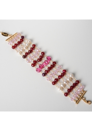 Bracciale a 5 fili Agata ruby, quarzo idrotermale  rosa, p.d.f. BR0735