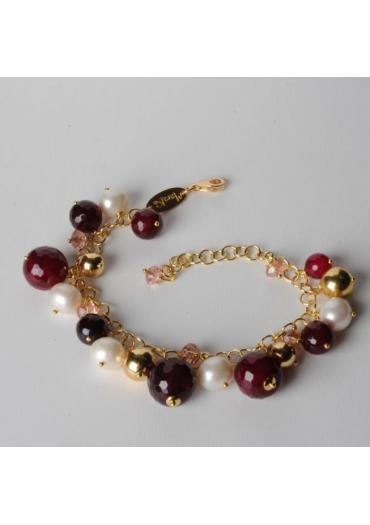 Bracciale charms agata ruby,perle di fiume, q. idrotermale rosa BR0759