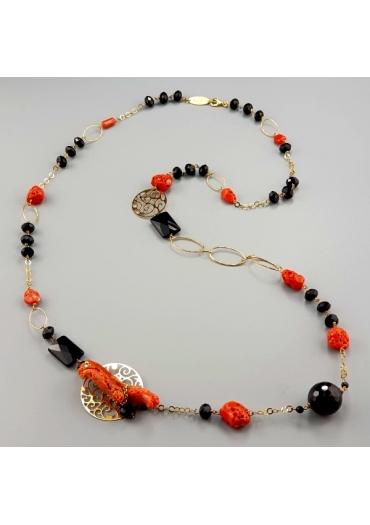 Collana corallo rosso, agata nera CN2324