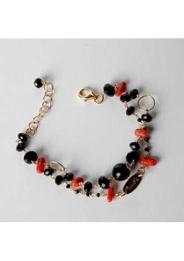 Bracciale a  2 fili, Agata nera, corallo rosso BR0628