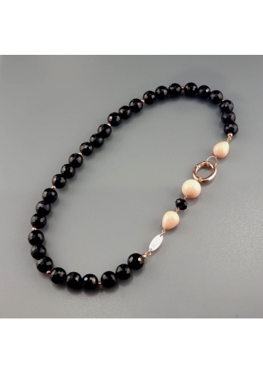 Collier agata nera, corallo bamboo rosa cn3349