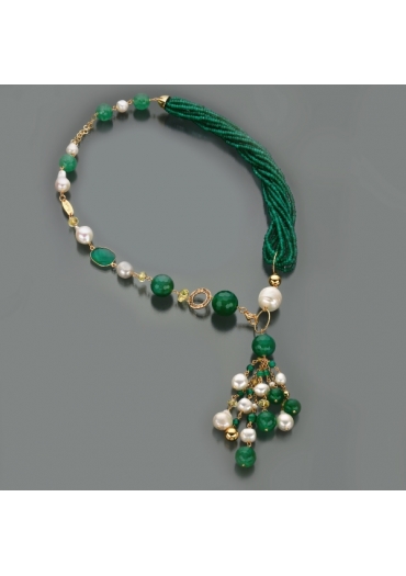 Collier agata verde smeraldo, q.citrino, perle di fiume CN2750