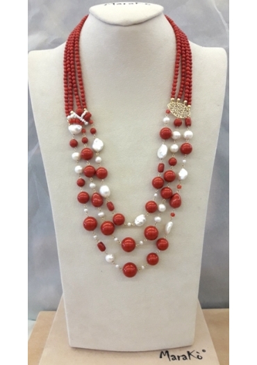 Collier multifilo bamboo rosso e perle coltivate CN3226