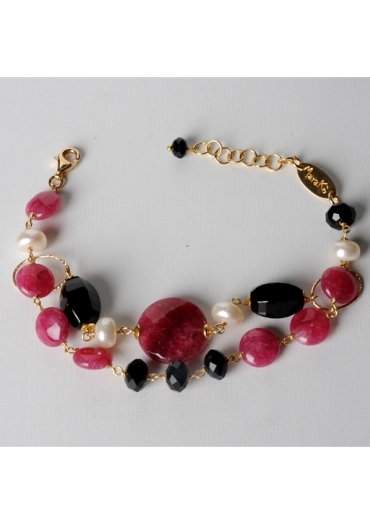 Bracciale a 2 fili, giada rosa, agata nera – cod:BR0893